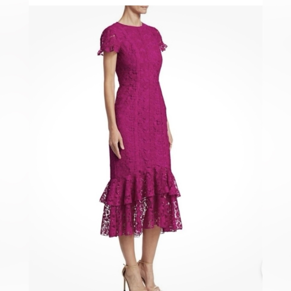 Monique Lhuillier Floral Siena Ruffle Lace Midi Dress Size 4 - EUC